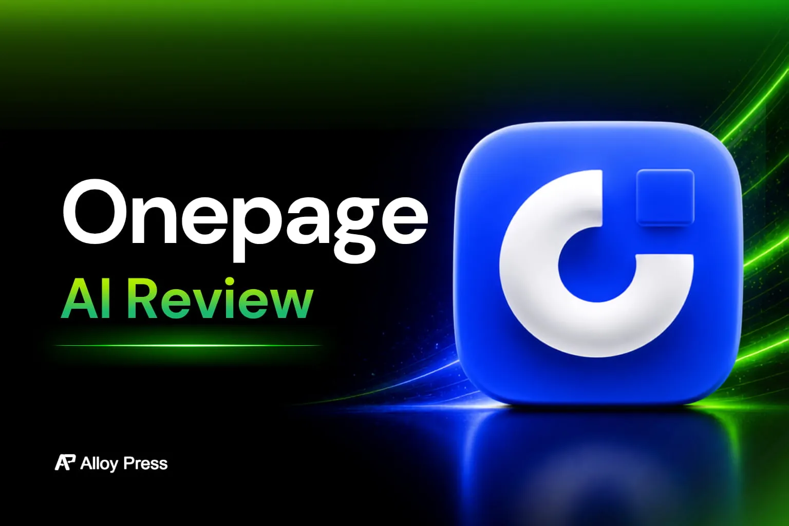 Onepage AI review banner with blue logo and green neon design.